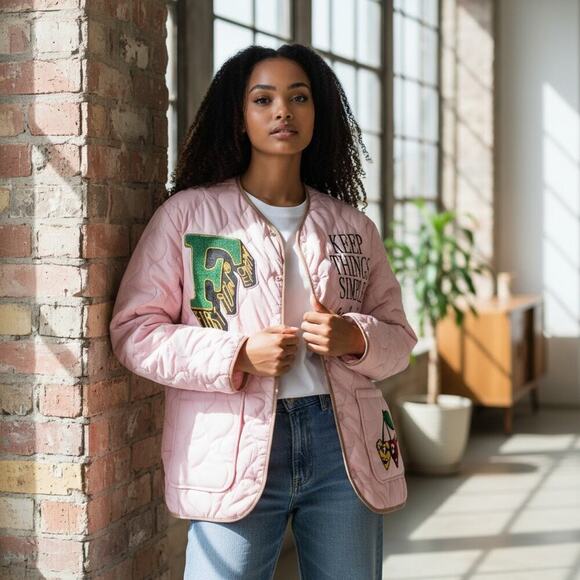 NWT First Row Denim "Keep Things Simple" Pink Quilted Jacket Enjoy Life – Small - Picture 2 of 12